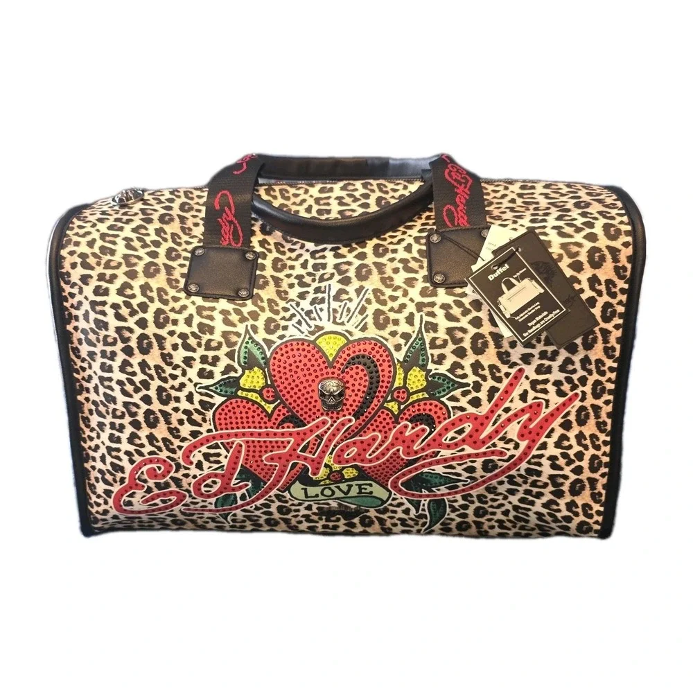 Ed Hardy Duffel Bag Cheetah Print Rhinestone Heart Love Skull Zipper Rare Htf